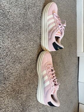 adidas Pink Suede Platform Sneaker with Cream Stripes